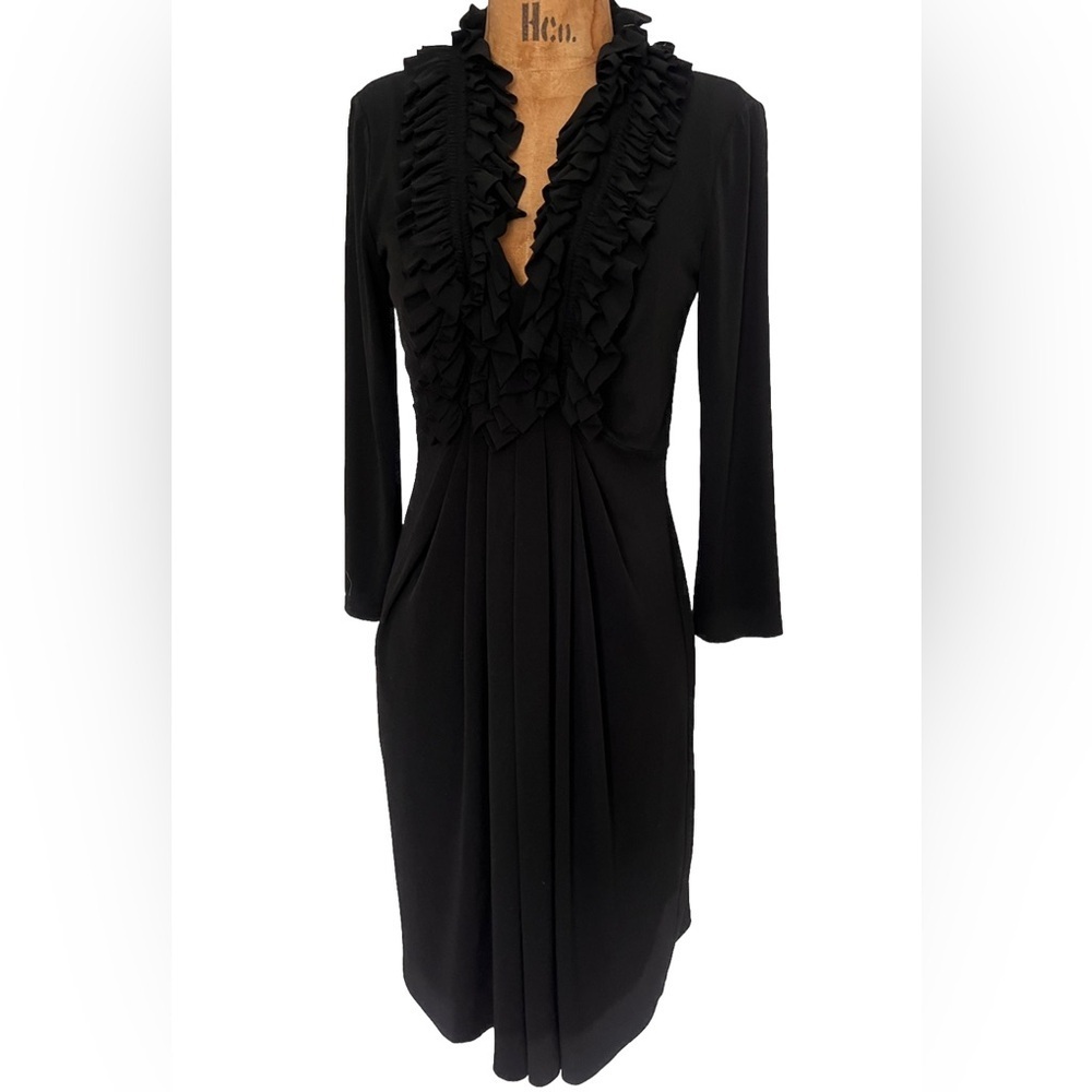 Maggy London Black Ruffle Deep V-Neck Dress NWOT 6 - Picture 2 of 8